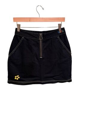 Vans Black Denim Mini Skirt with Front Zip and Yellow Flower Accent